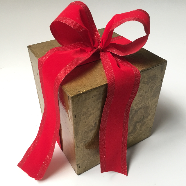 BOX, Gold Shellac Gift Box w Red Bow
